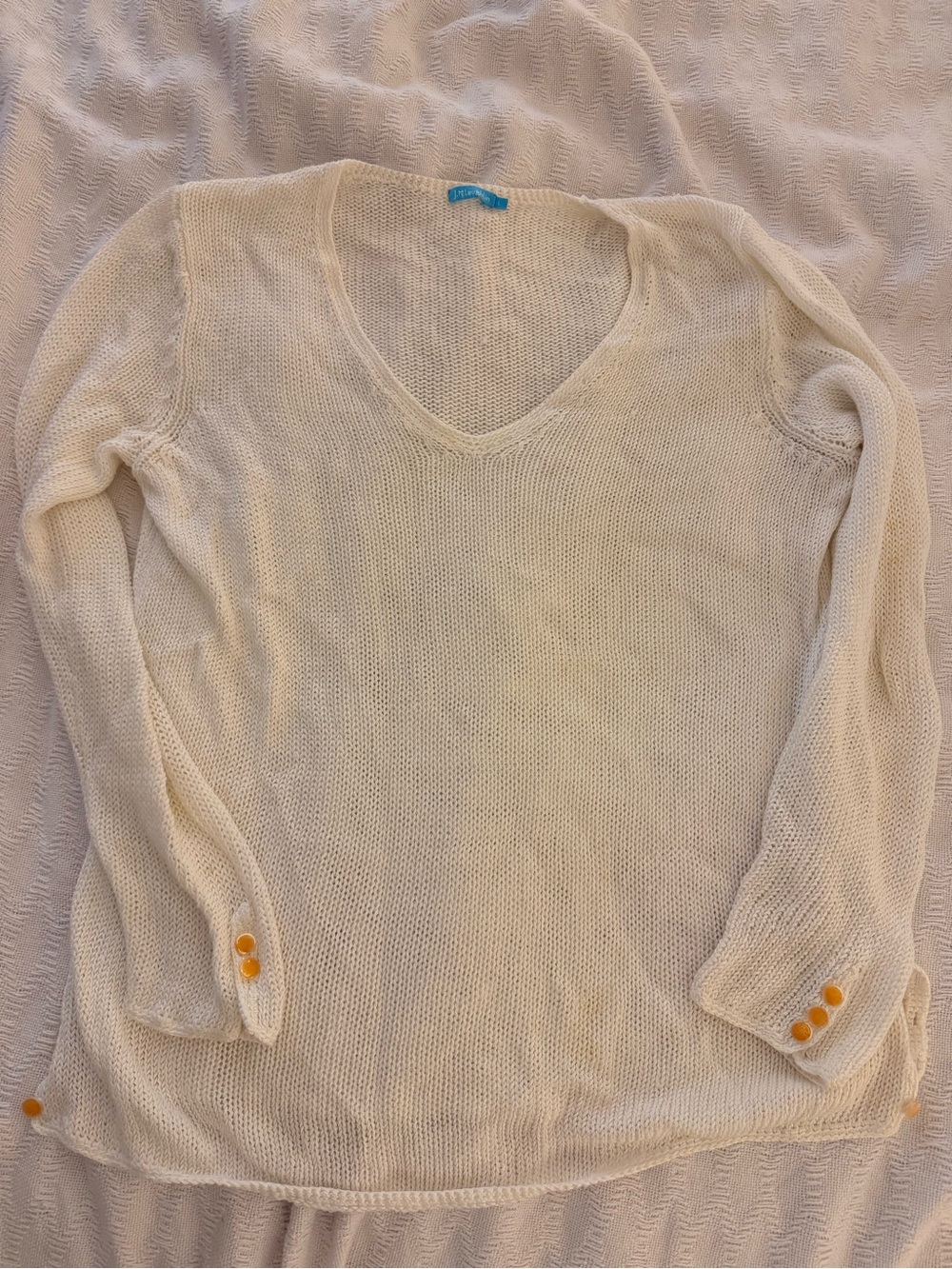J. McLaughlin Light Cream V-Neck Knit Sweater with Button Accent